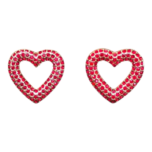 Red Rhinestone Goldtone Heart Earrings - Picture 5 of 5